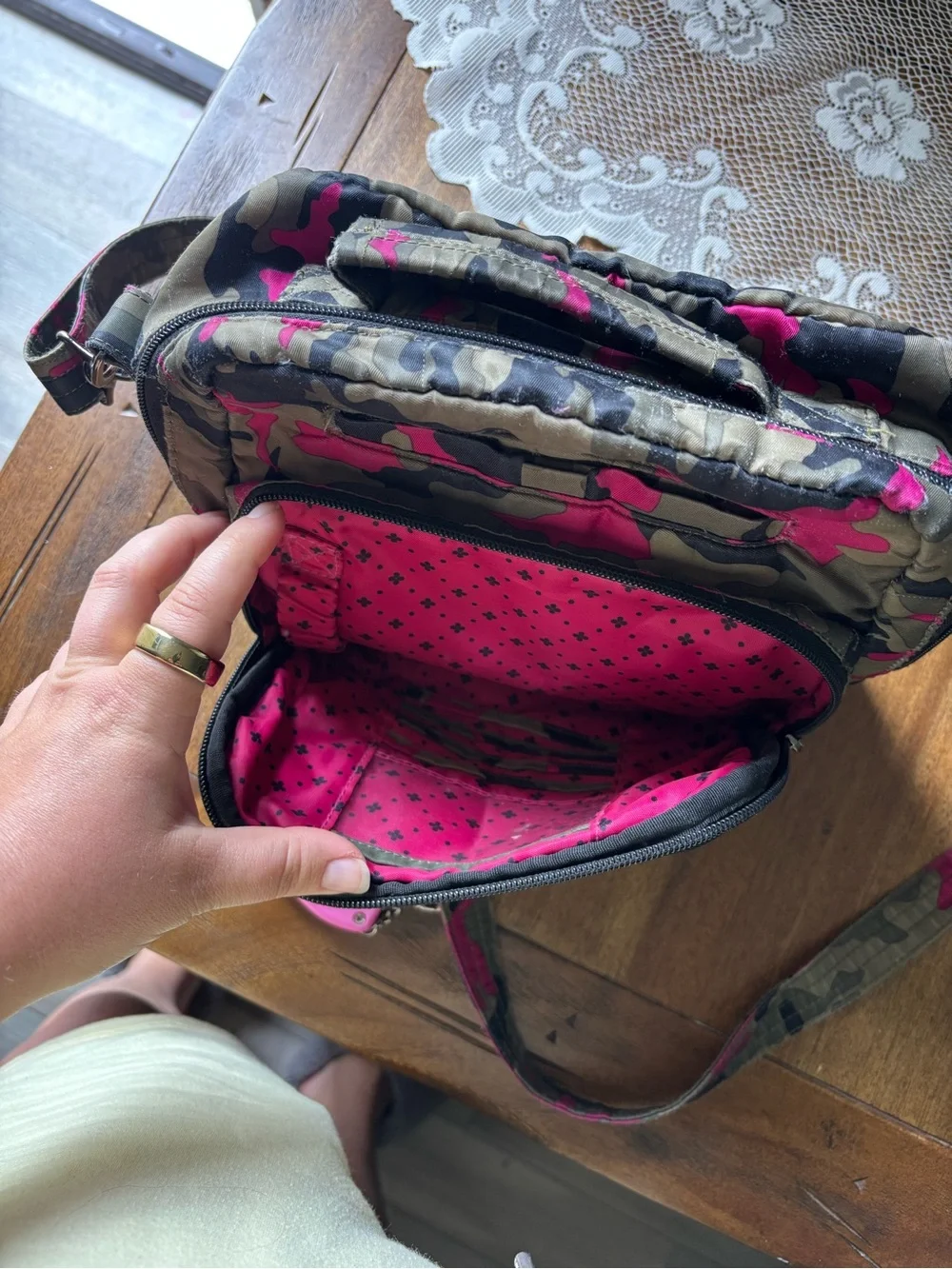 Pink and Khaki Camouflage Crossbody Lug Bag - Women